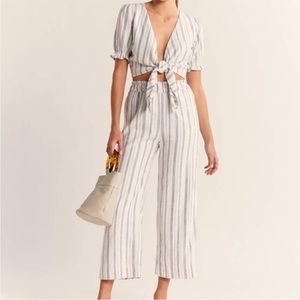 Abercrombie Puff Sleeve Linen Tie Top and Wide Leg Pants Set